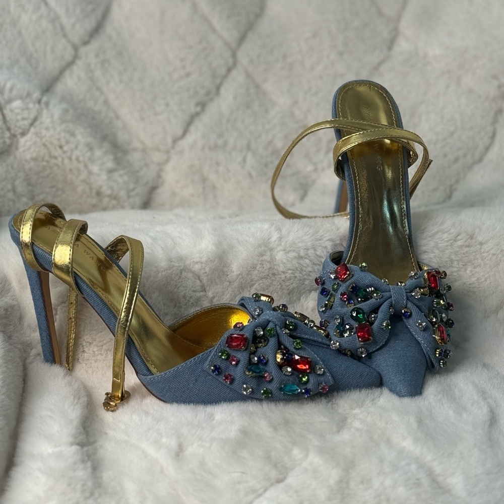 Embellished Blue and Gold Heels